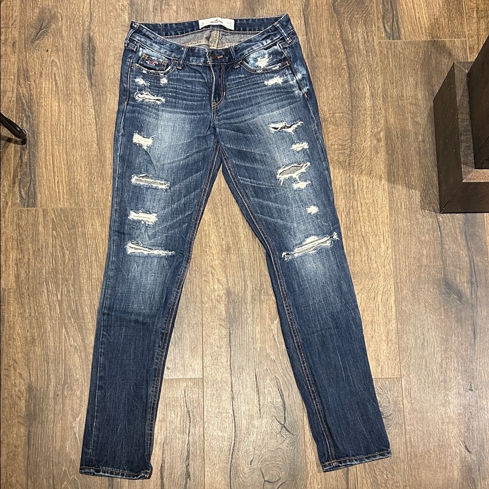 Hollister Women's Distressed Skinny Jeans - Dark Blue Wash